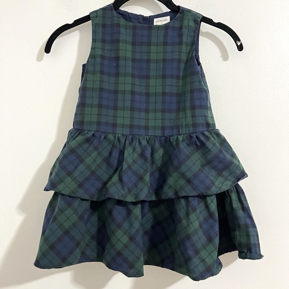 Crewcuts Girls BlackWatch Plaid Dress Sleeveless Poplin Tiered Ruffles Academia